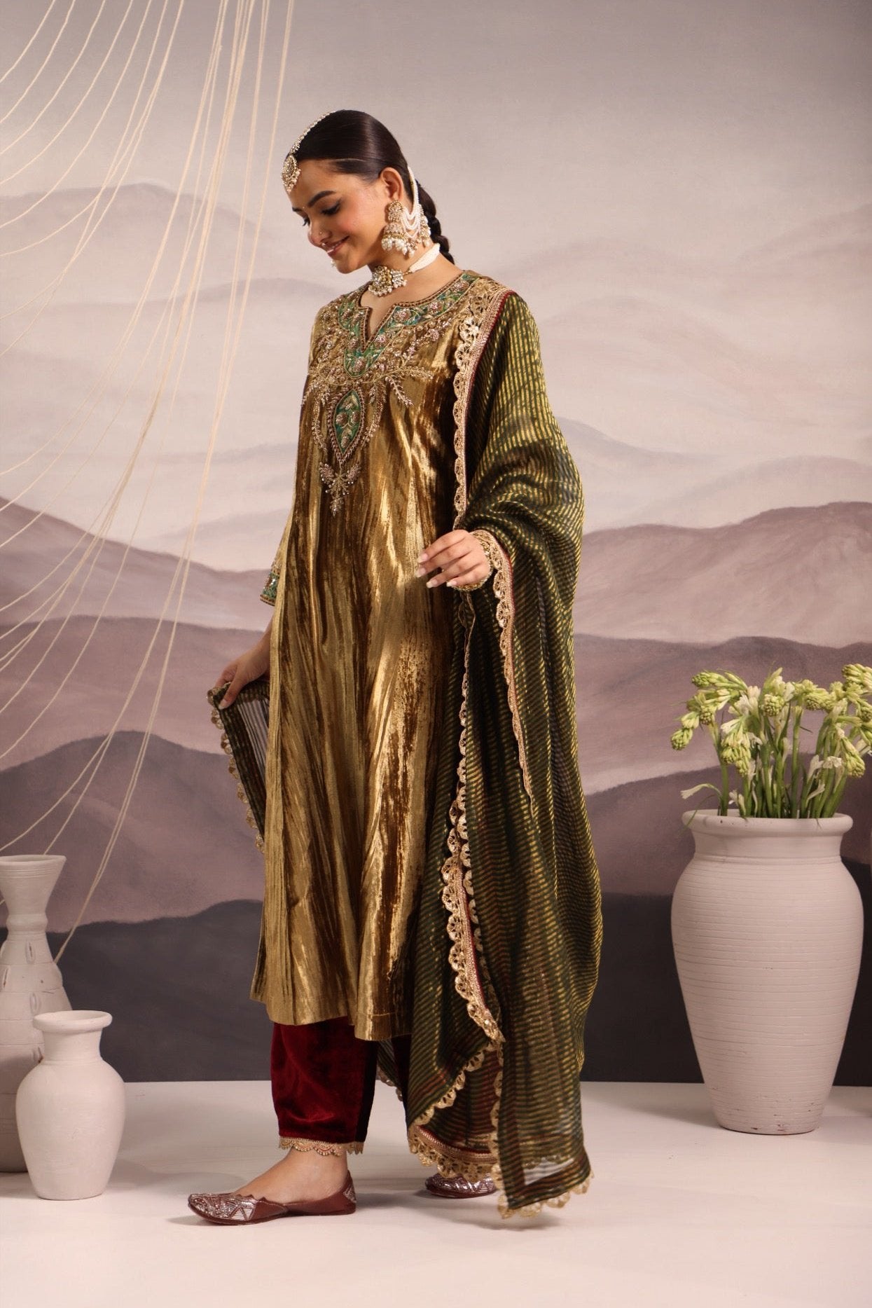 Gold Velvet Kurta with Green & Maroon Detailing and Maroon Velvet Pants