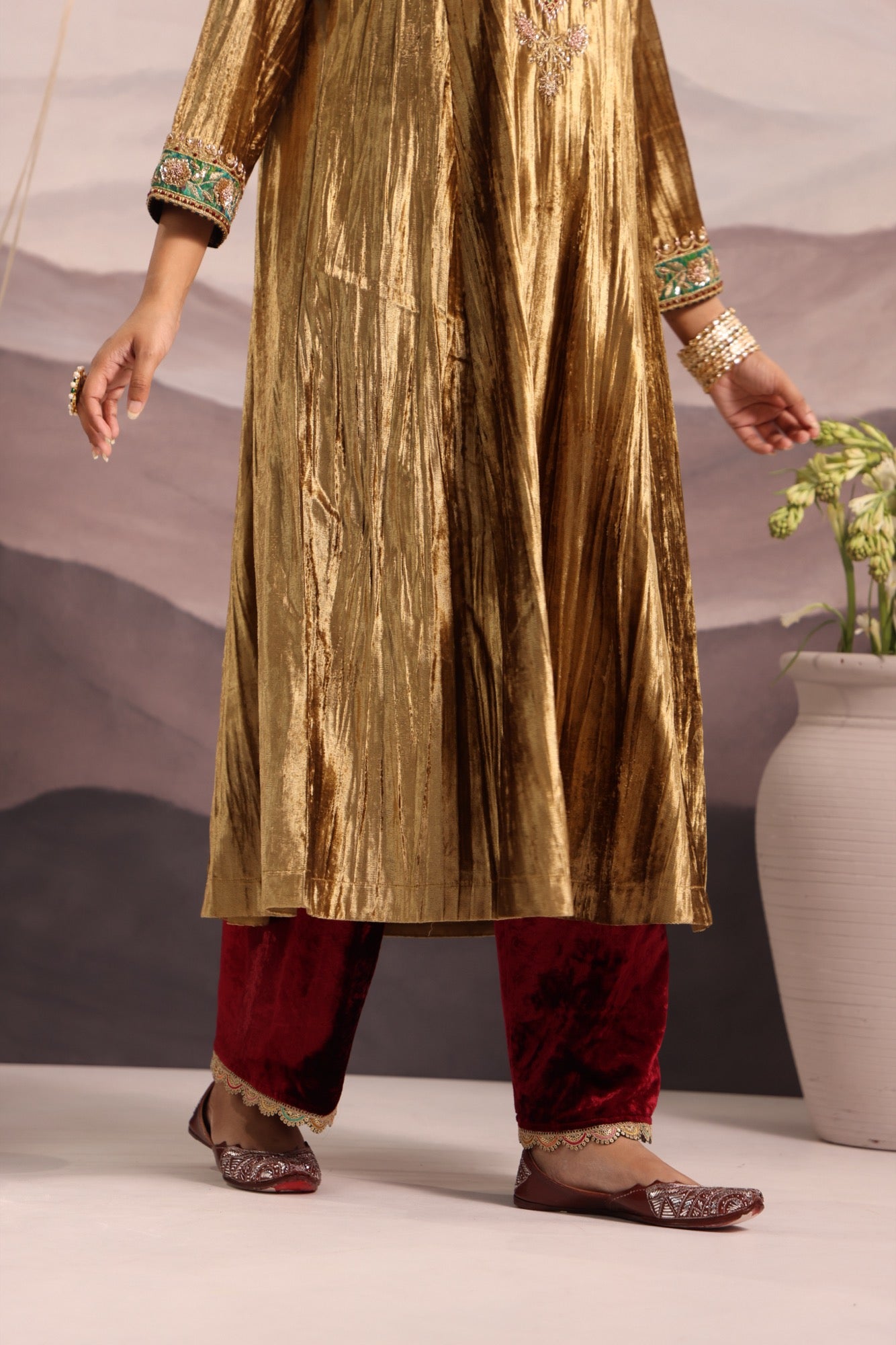 Gold Velvet Kurta with Green & Maroon Detailing and Maroon Velvet Pants