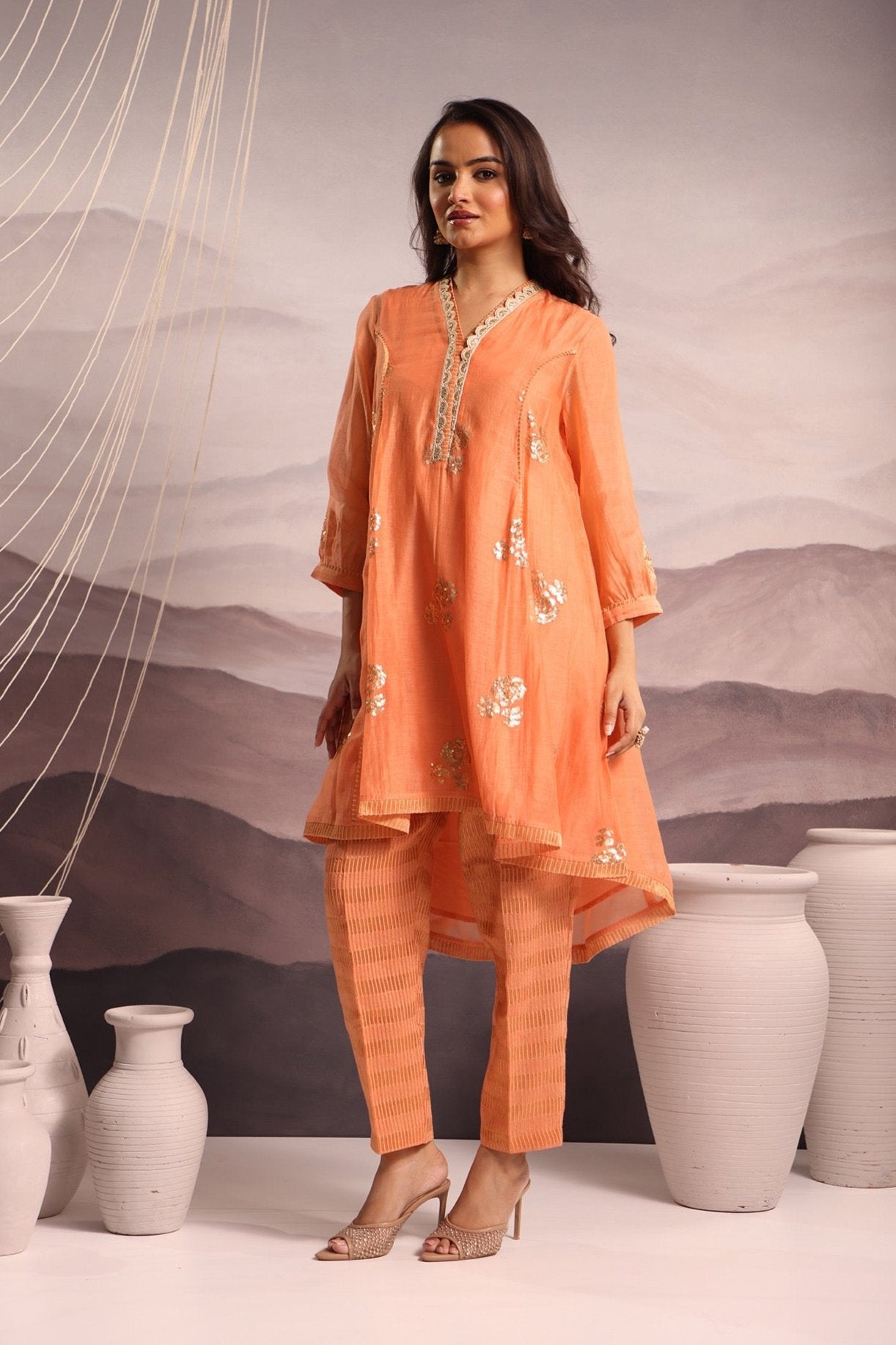 Peach Mul Chanderi High-Low Kurta with Sequin Floral Embroidery and Tissue Pants