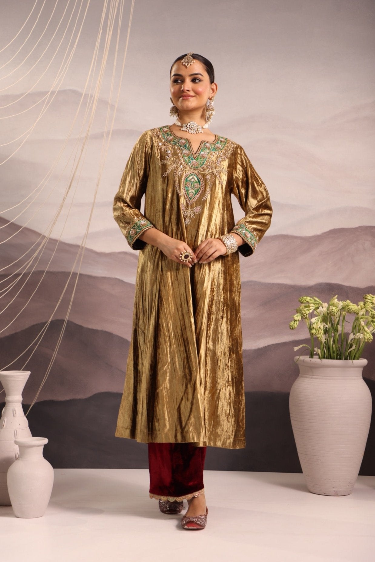 Gold Velvet Kurta with Green & Maroon Detailing and Maroon Velvet Pants