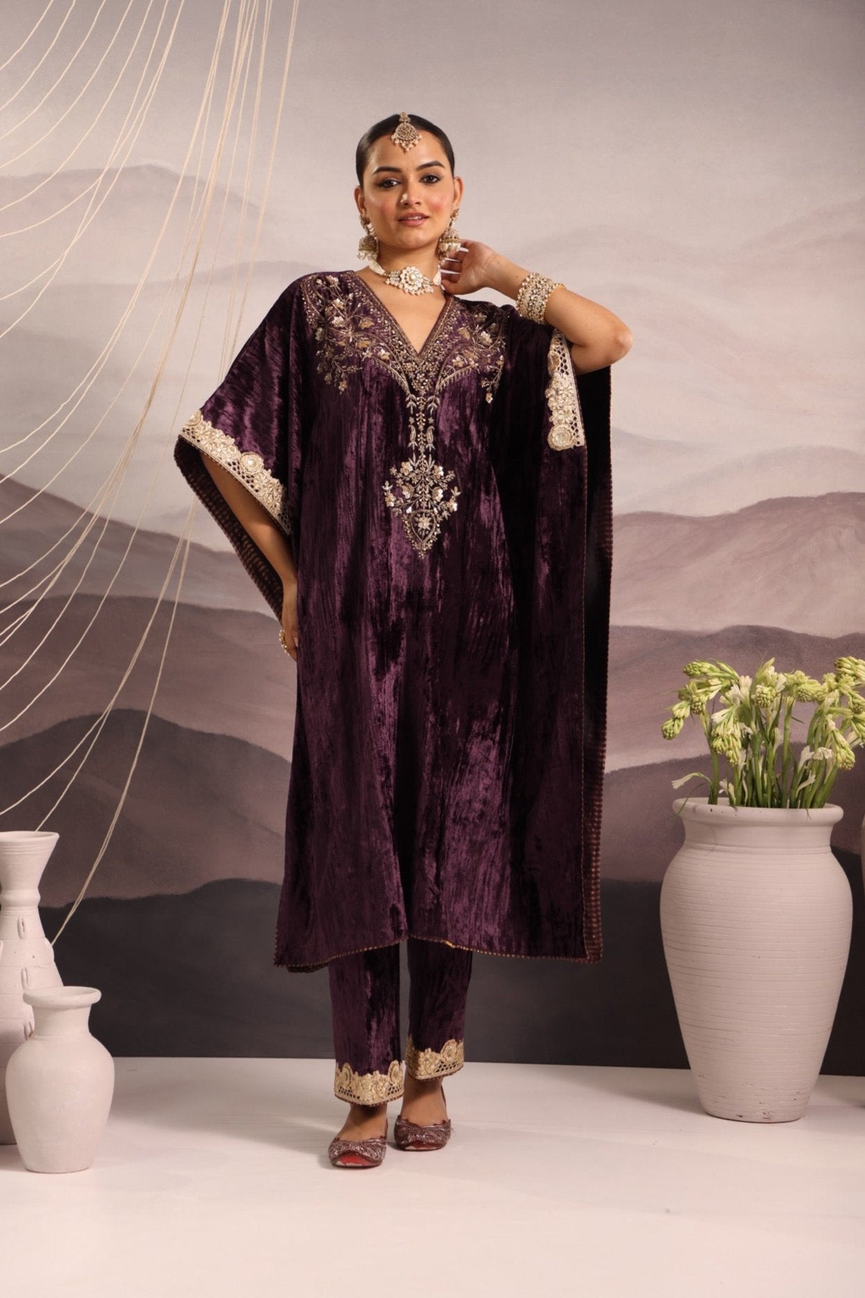 Wine Velvet Hand-Embroidered Kaftan with Dabka & Sequin Detailing