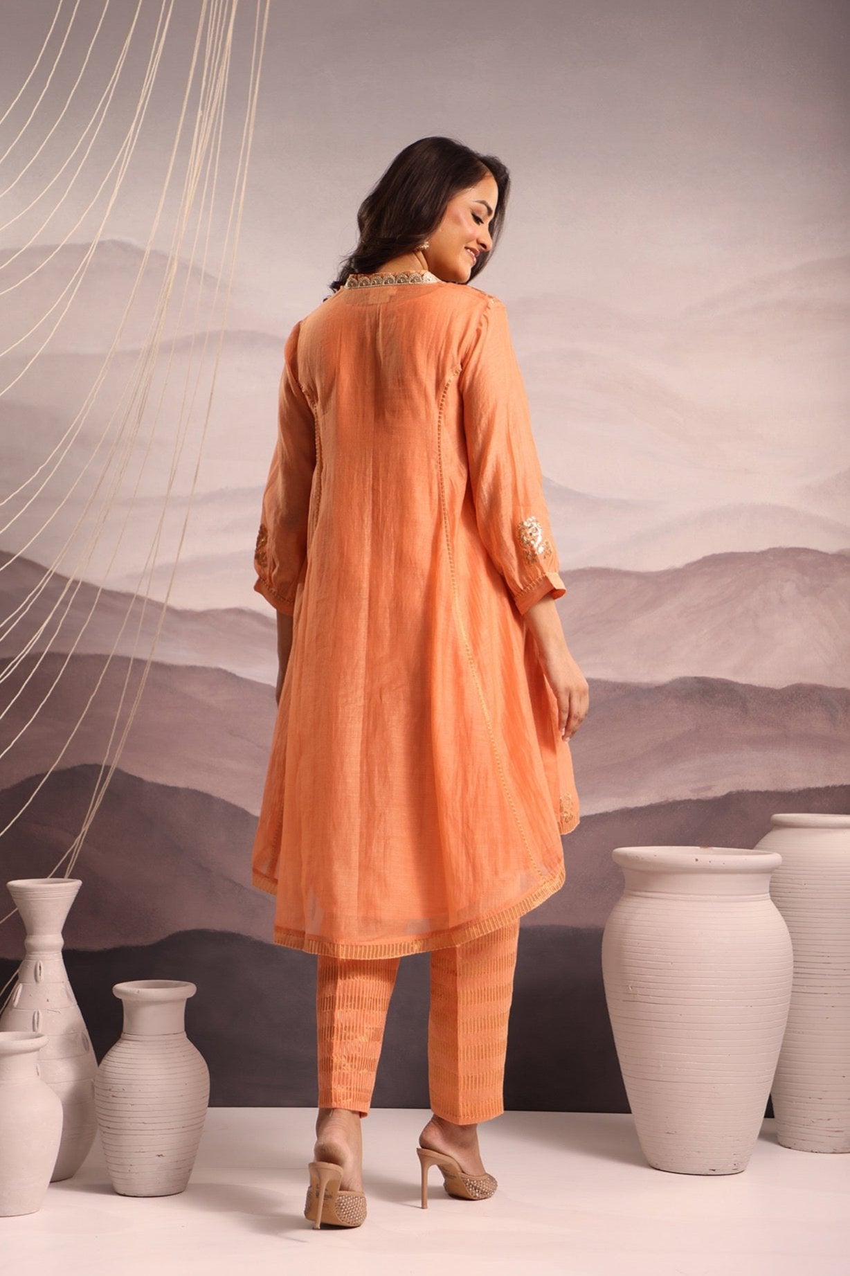 Peach Mul Chanderi High-Low Kurta with Sequin Floral Embroidery and Tissue Pants