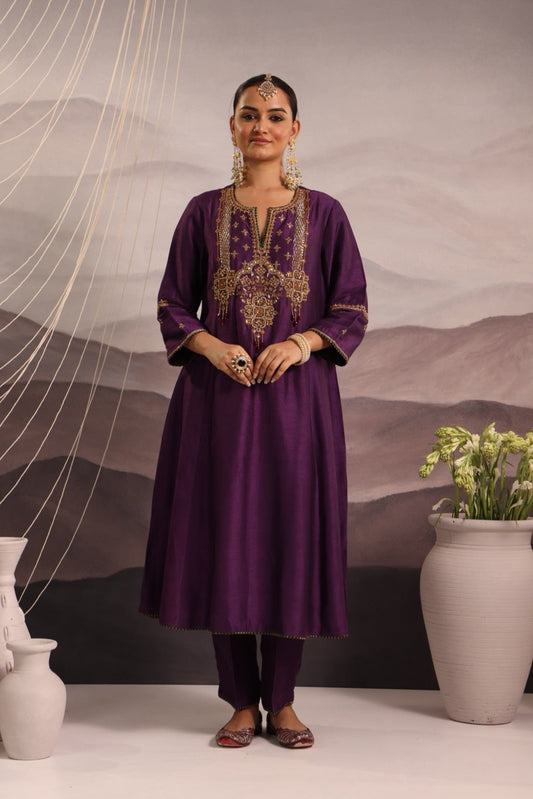 Purple Silk Kurta Set with Hand-Embroidered Yoke & Beaded Tassels