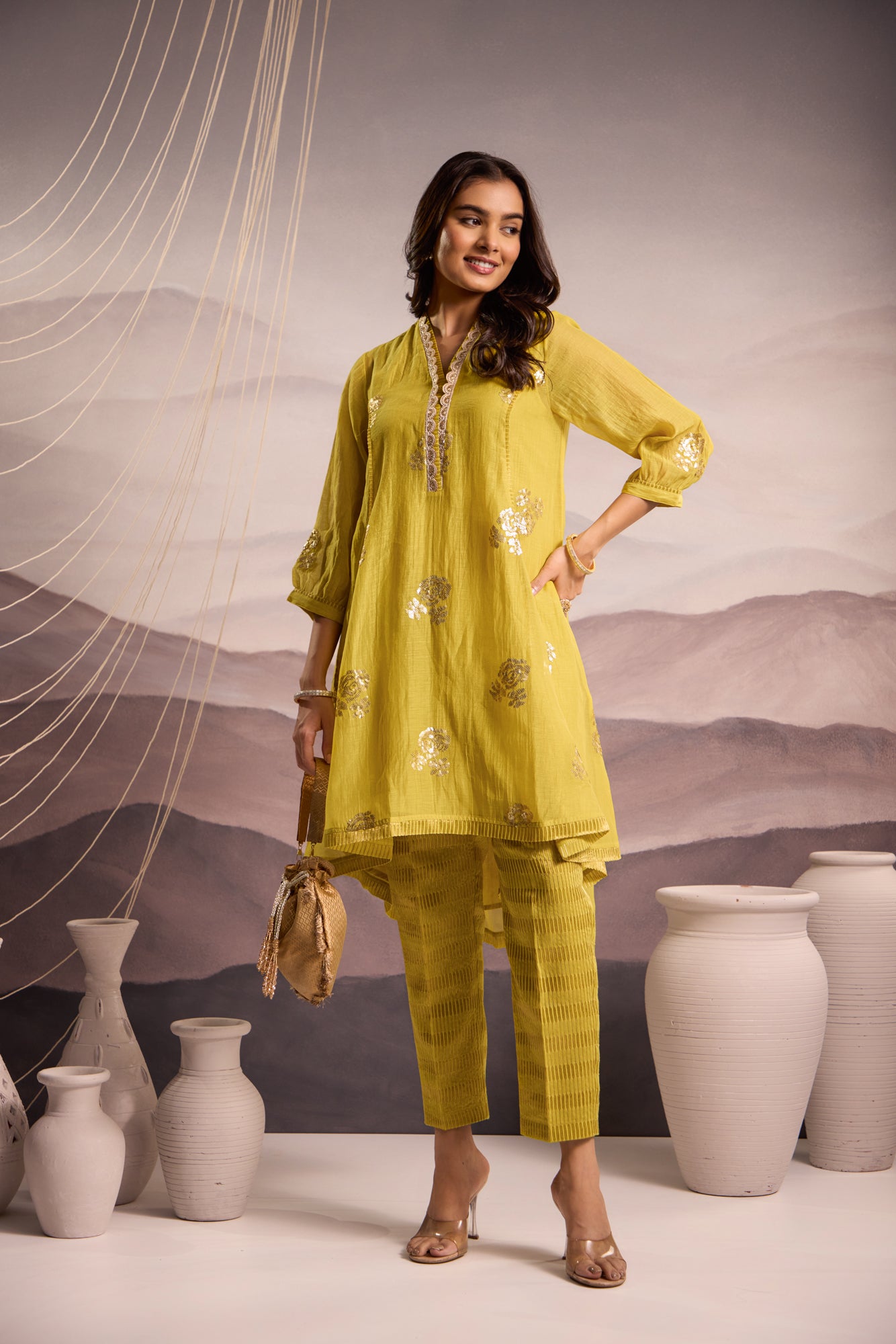 Lime Mul Chanderi High-Low Kurta with Sequin Floral Embroidery and Tissue Pants