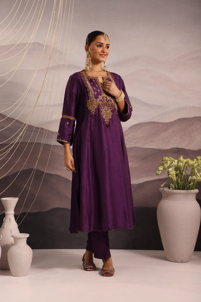 Purple Silk Kurta Set with Hand-Embroidered Yoke & Beaded Tassels