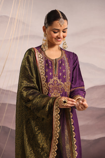 Purple Silk Kurta Set with Hand-Embroidered Yoke & Beaded Tassels