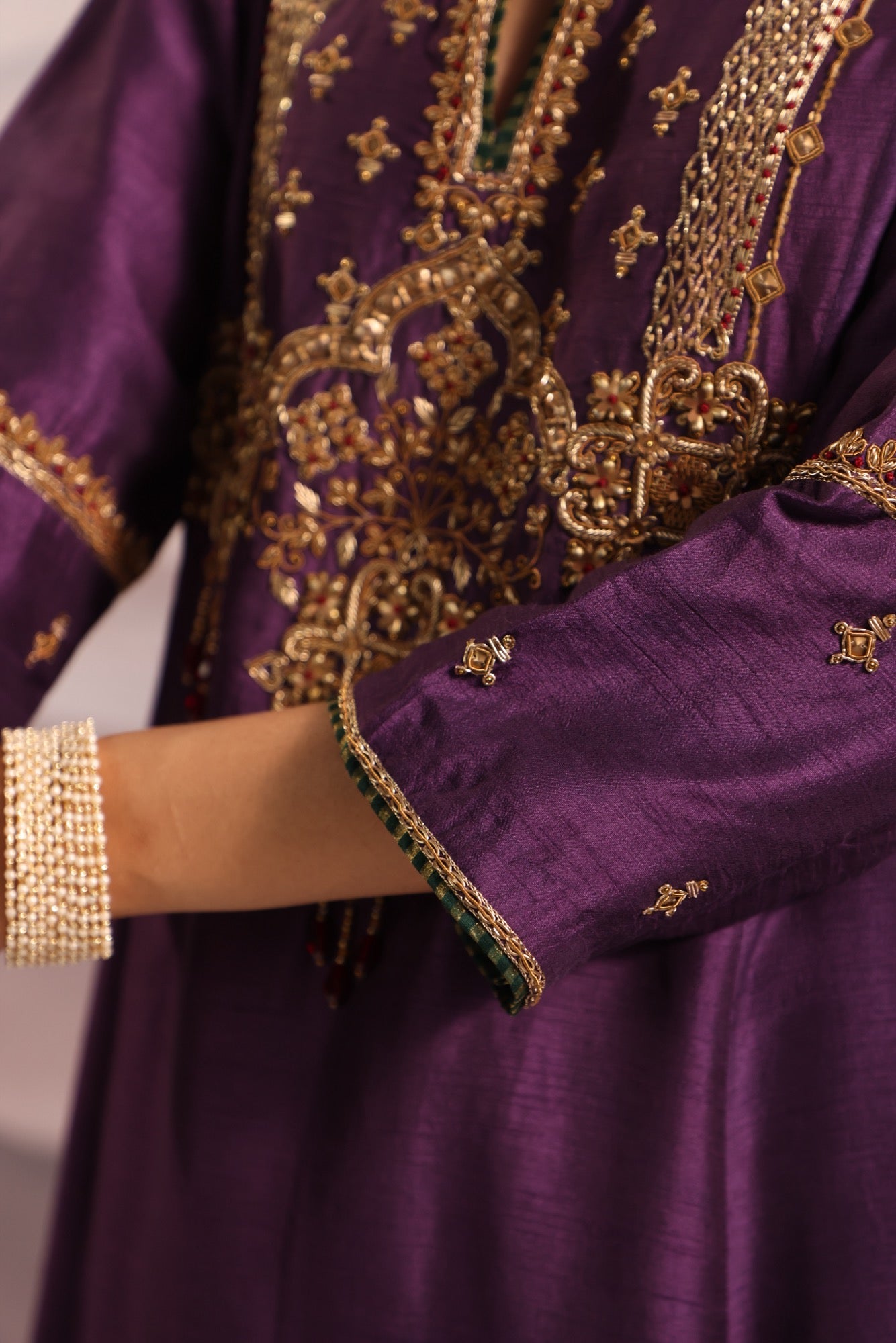 Purple Silk Kurta Set with Hand-Embroidered Yoke & Beaded Tassels