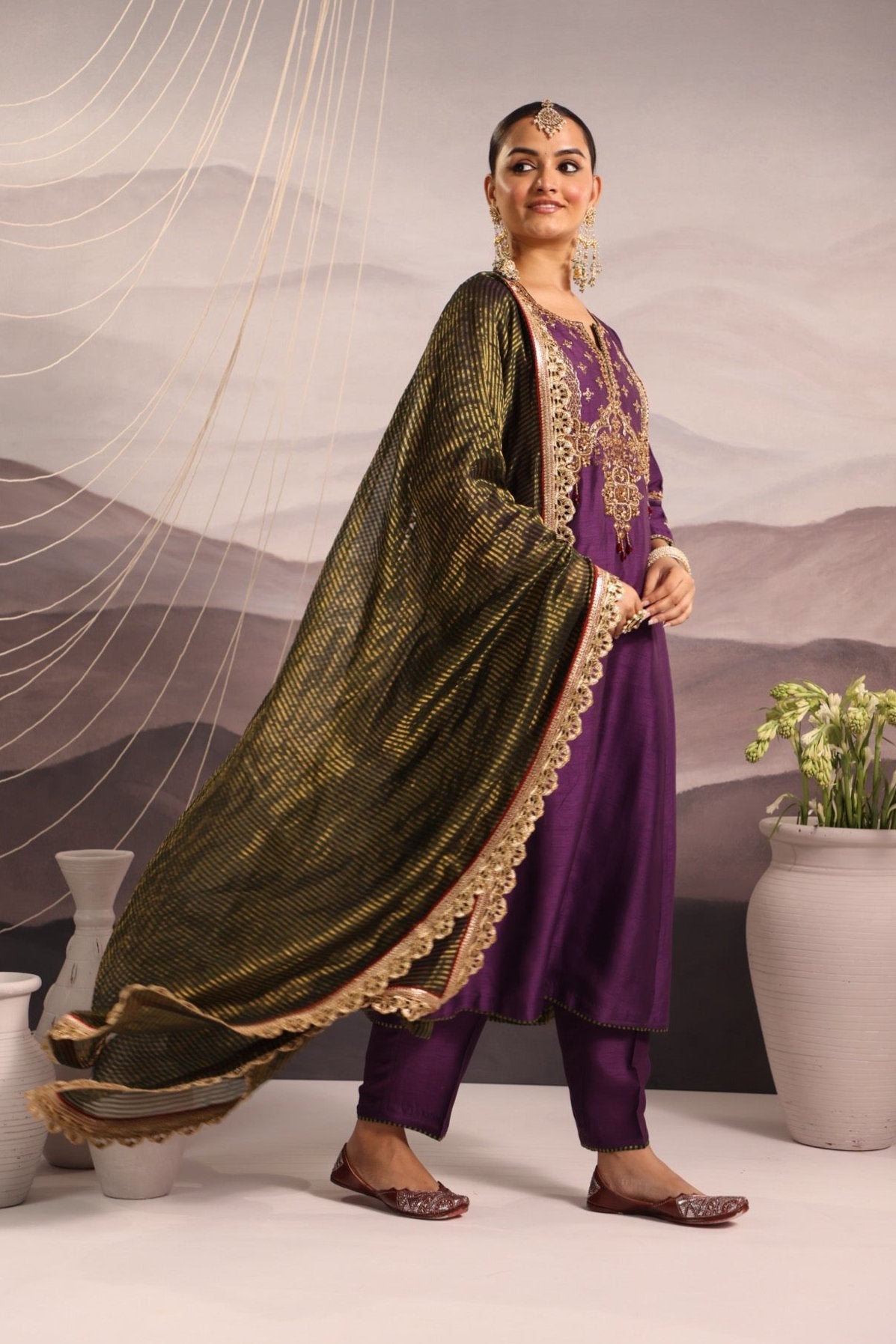 Purple Silk Kurta Set with Hand-Embroidered Yoke & Beaded Tassels