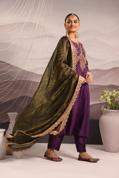 Purple Silk Kurta Set with Hand-Embroidered Yoke & Beaded Tassels