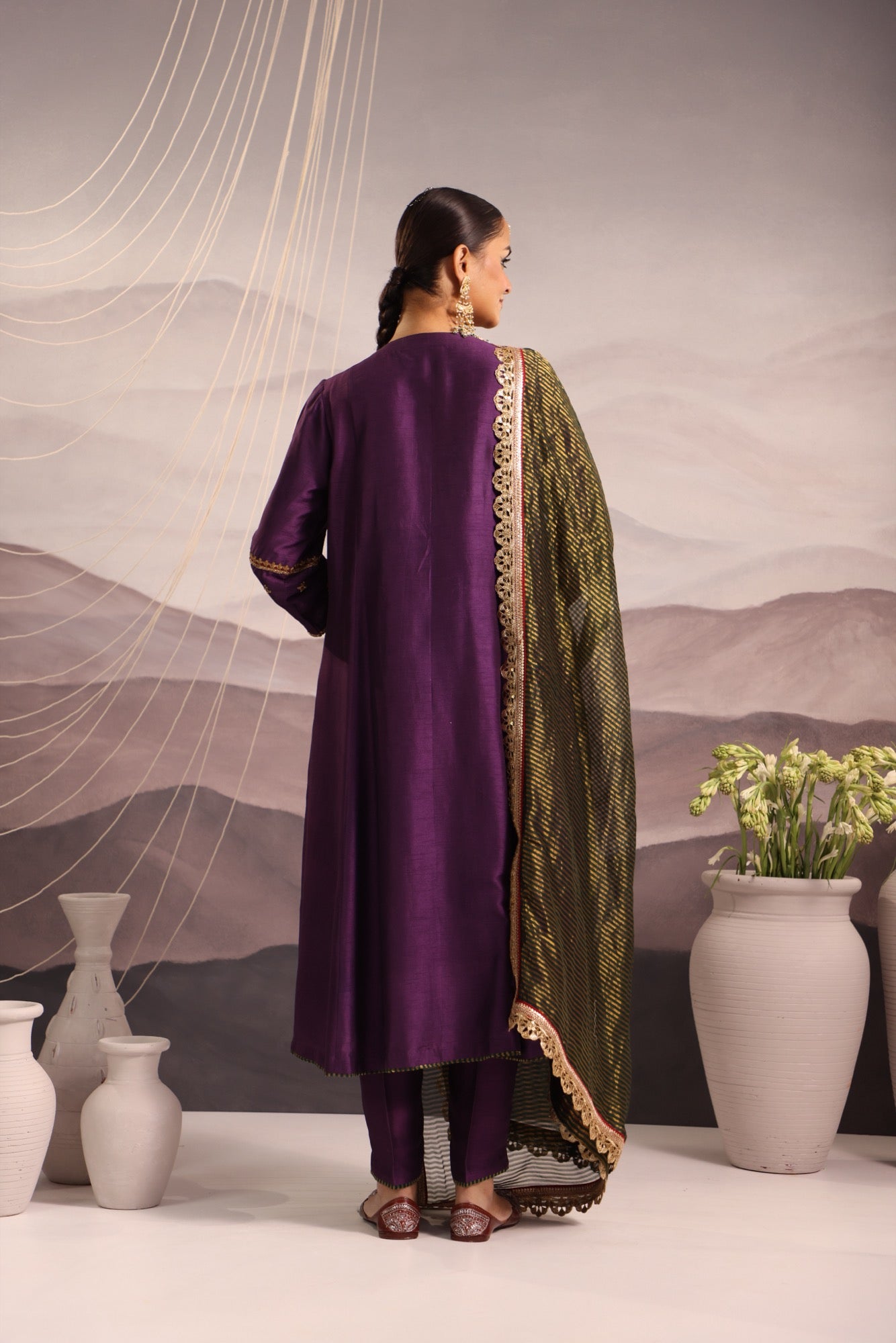 Purple Silk Kurta Set with Hand-Embroidered Yoke & Beaded Tassels