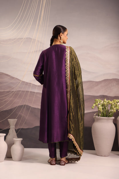 Purple Silk Kurta Set with Hand-Embroidered Yoke & Beaded Tassels