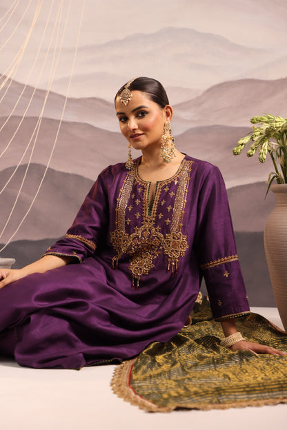 Purple Silk Kurta Set with Hand-Embroidered Yoke & Beaded Tassels