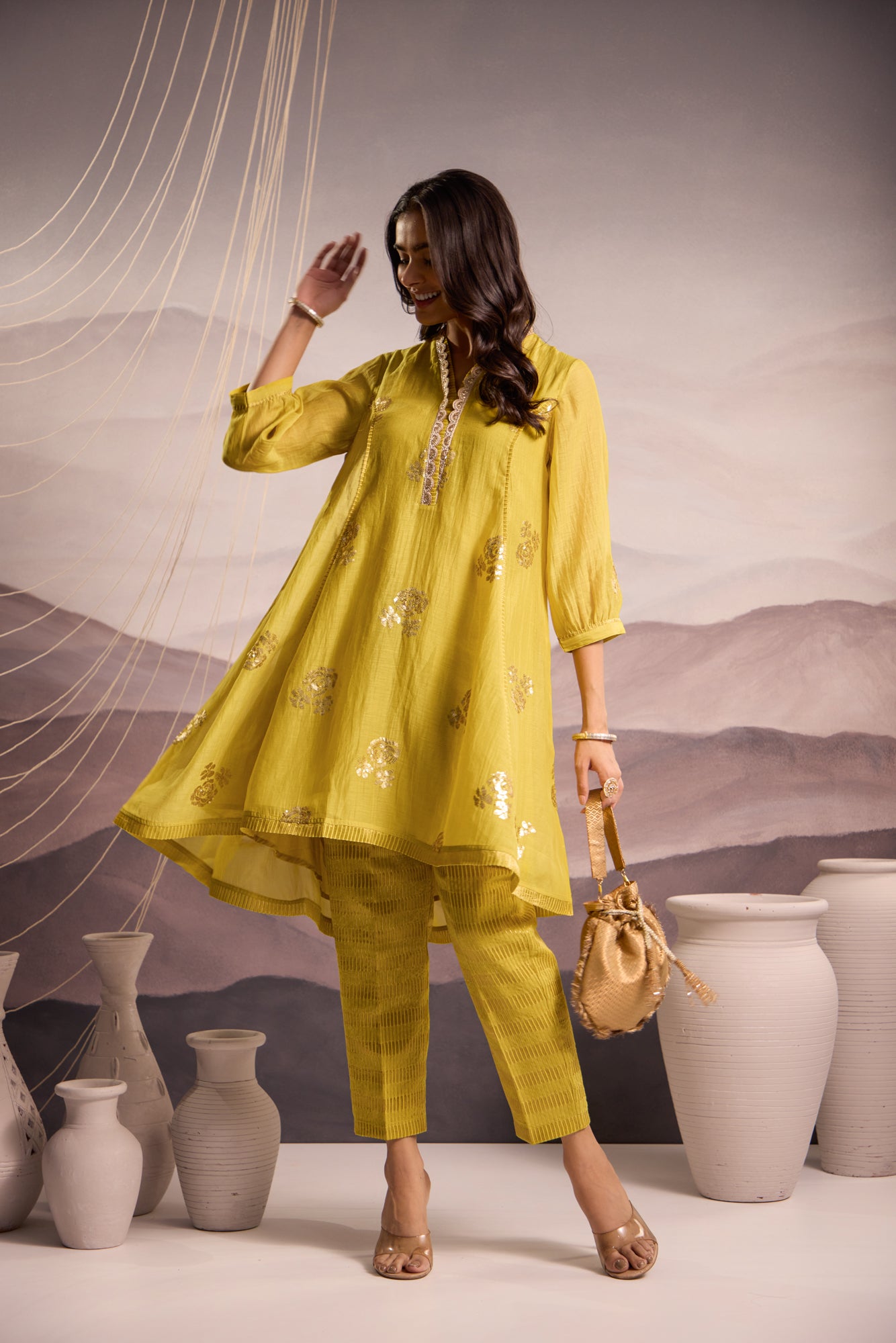 Lime Mul Chanderi High-Low Kurta with Sequin Floral Embroidery and Tissue Pants