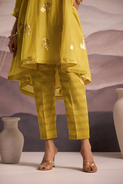 Lime Mul Chanderi High-Low Kurta with Sequin Floral Embroidery and Tissue Pants