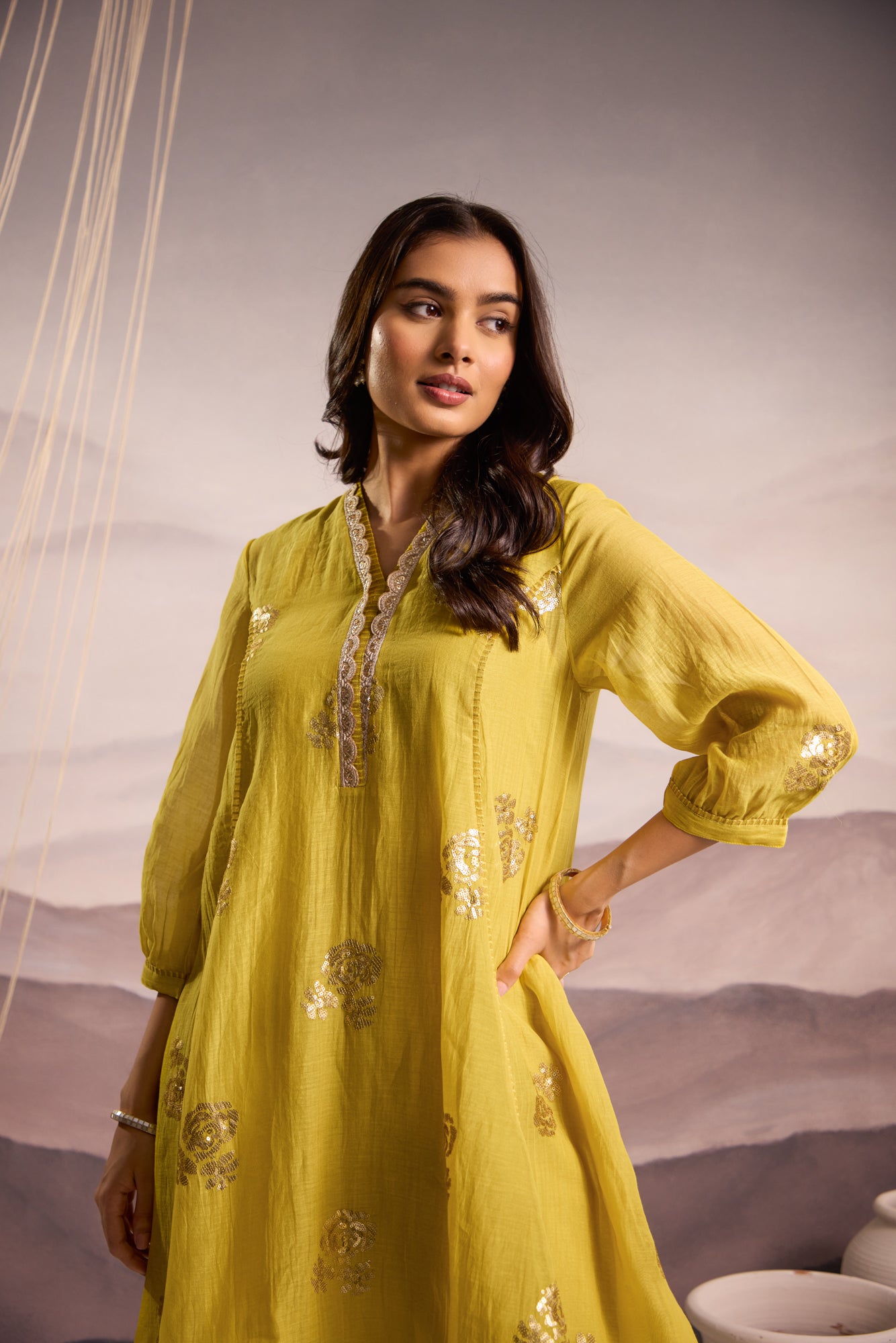 Lime Mul Chanderi High-Low Kurta with Sequin Floral Embroidery and Tissue Pants