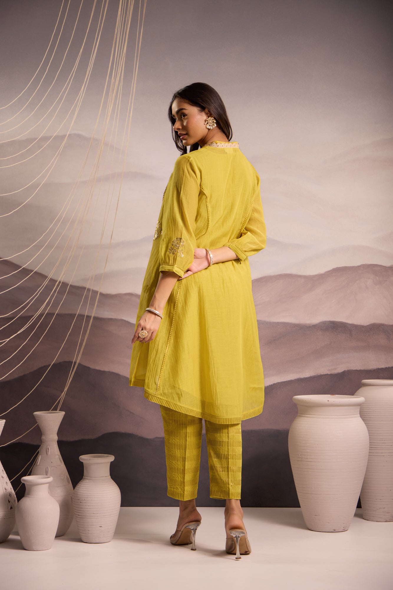 Lime Mul Chanderi High-Low Kurta with Sequin Floral Embroidery and Tissue Pants