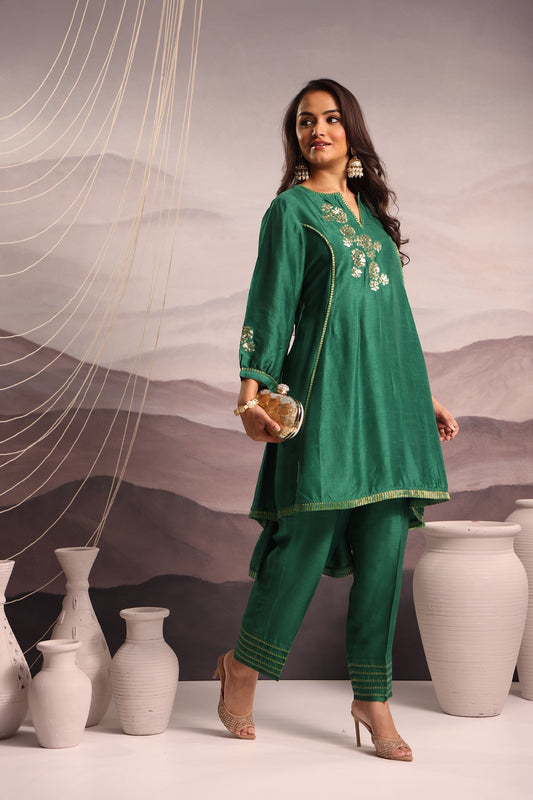 Emerald Green Flared High Low Silk Kurta Set