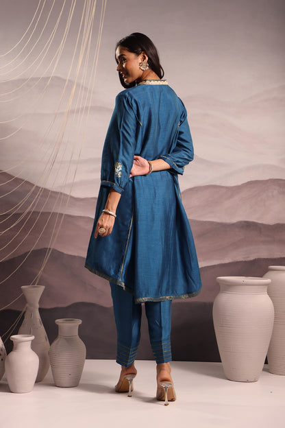 Cerulean Blue Flared High Low Silk Kurta Set