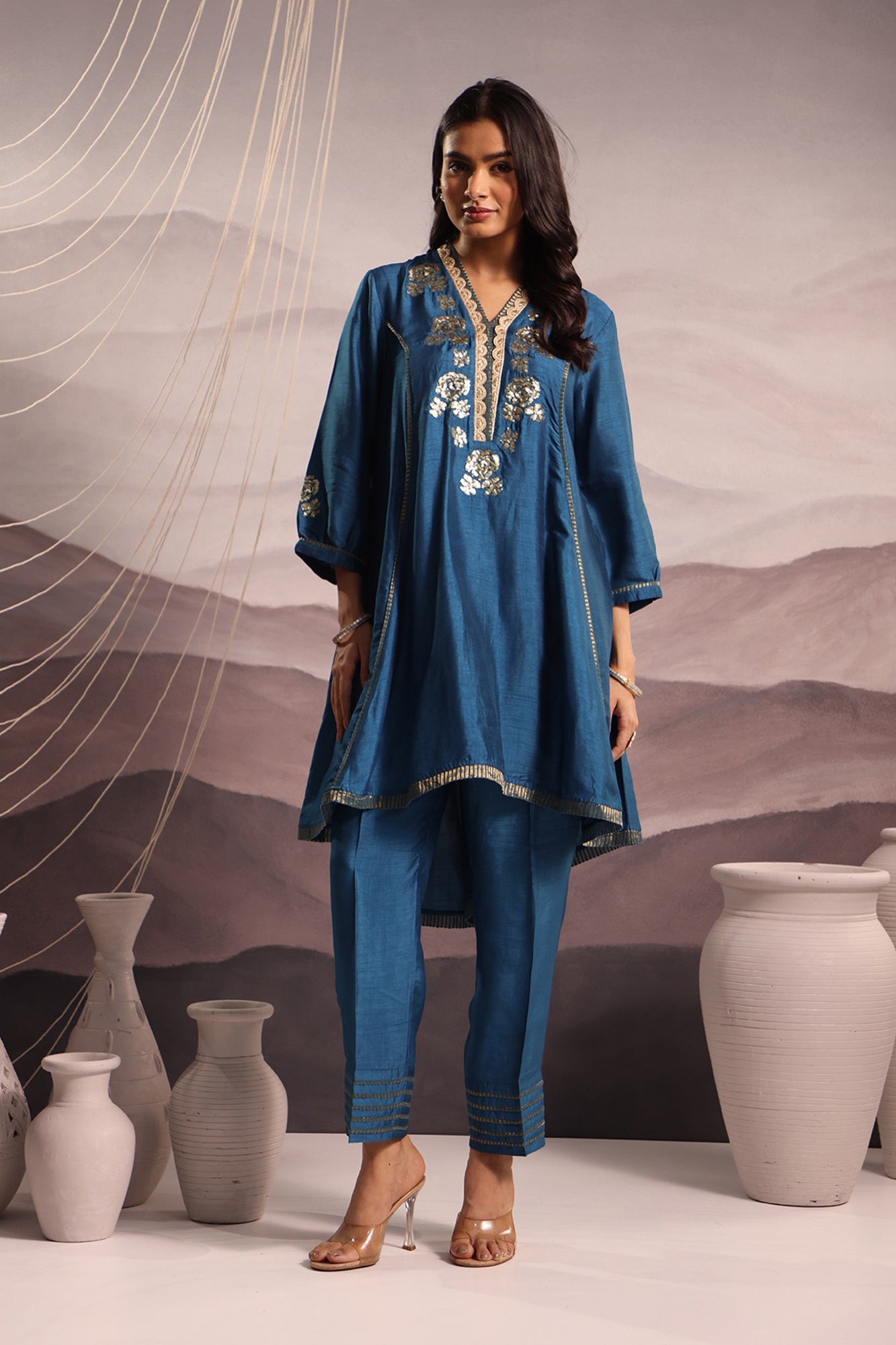 Cerulean Blue Flared High Low Silk Kurta Set