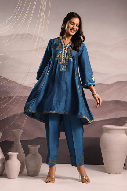 Cerulean Blue Flared High Low Silk Kurta Set