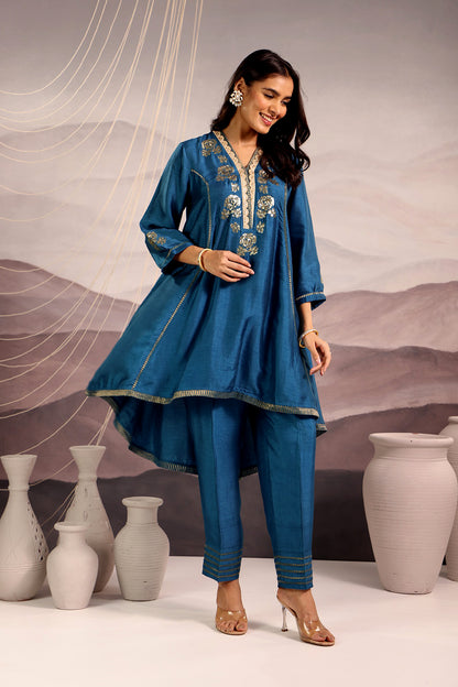 Cerulean Blue Flared High Low Silk Kurta Set