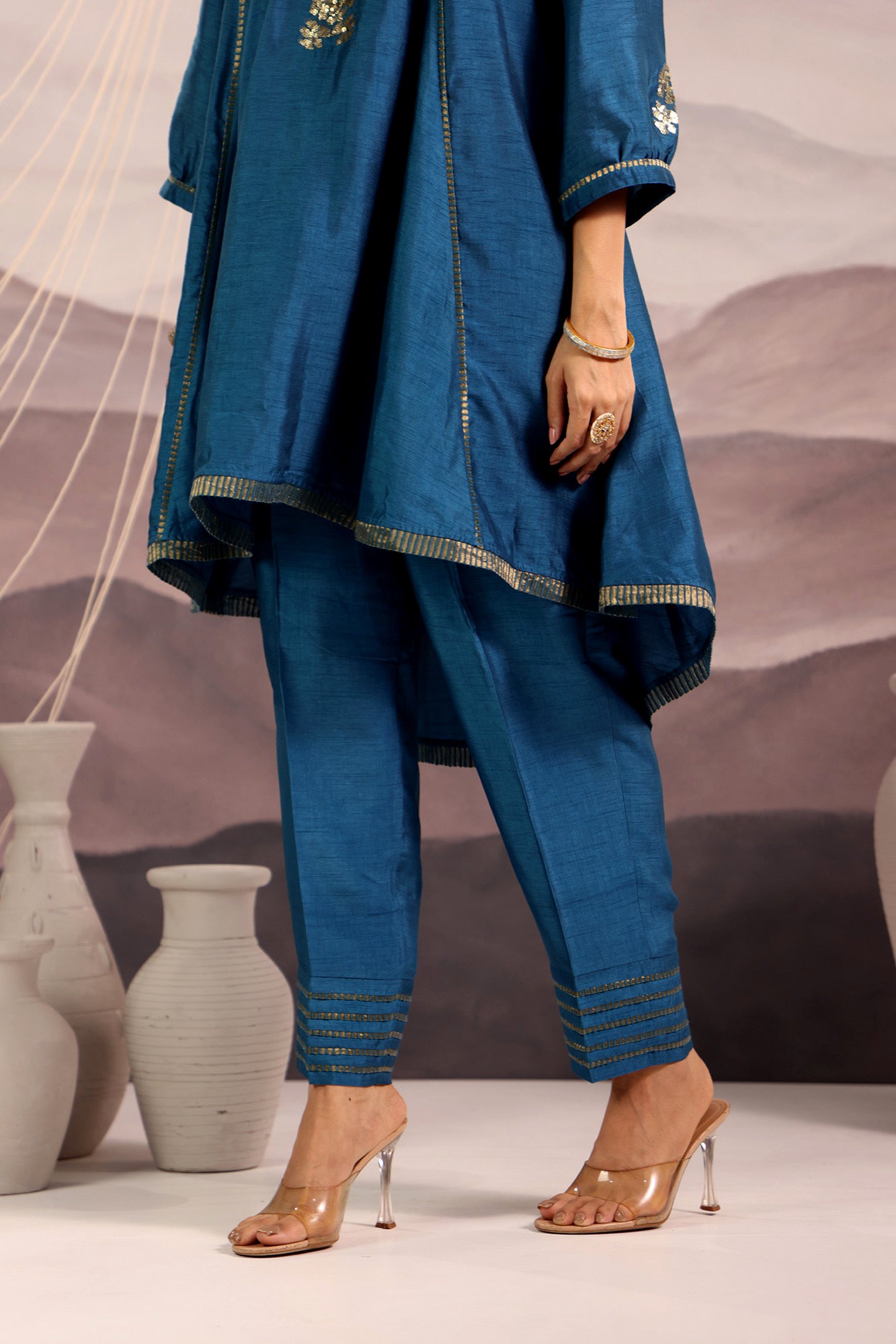 Cerulean Blue Flared High Low Silk Kurta Set