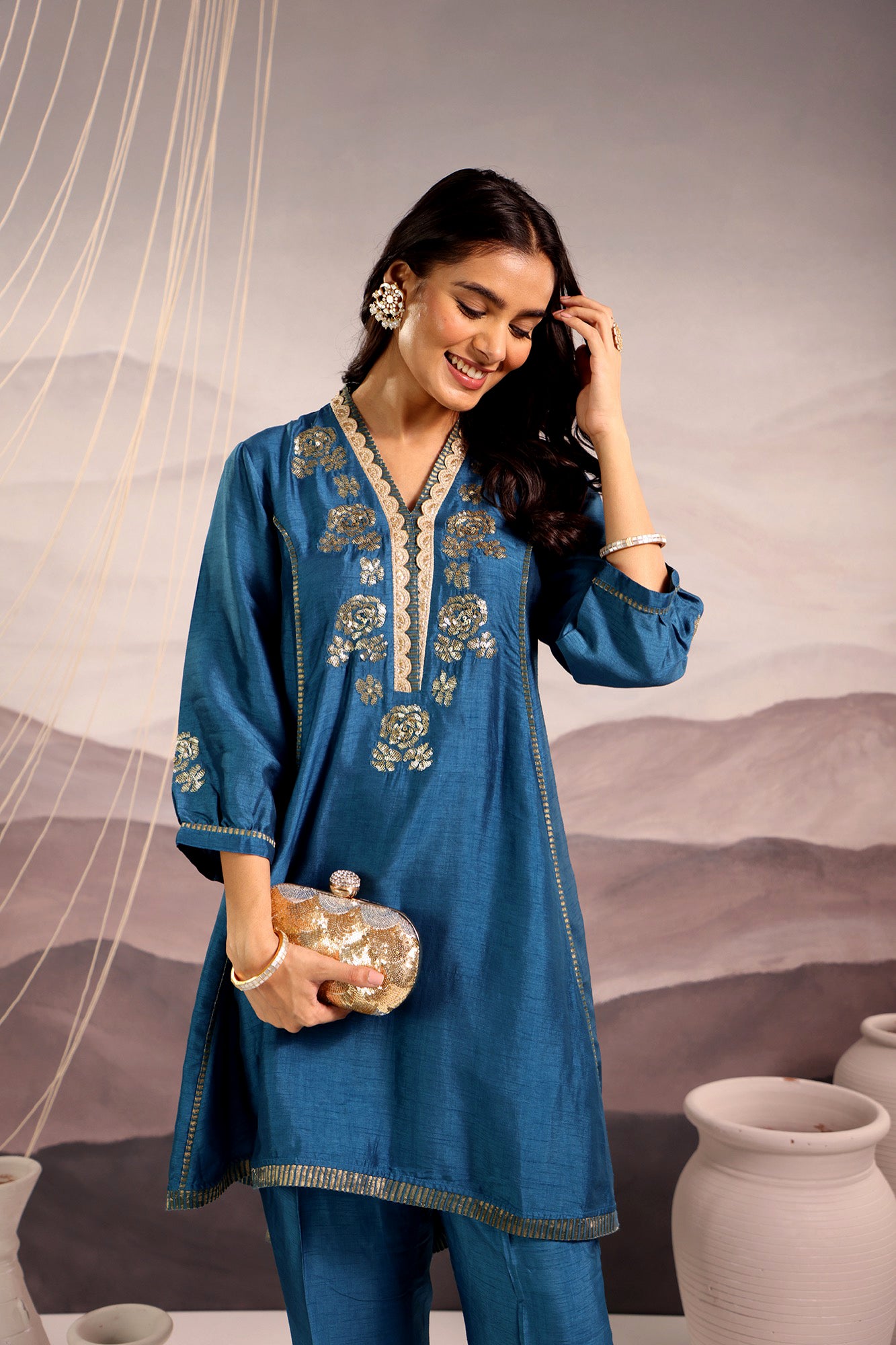 Cerulean Blue Flared High Low Silk Kurta Set