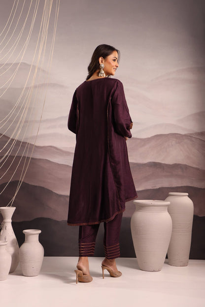 Wine Flared High Low Silk Kurta Set