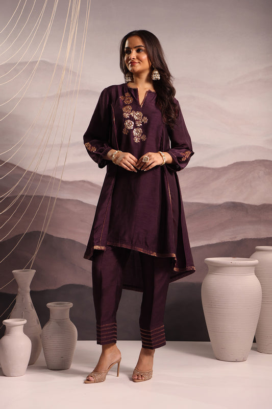 Wine Flared High Low Silk Kurta Set