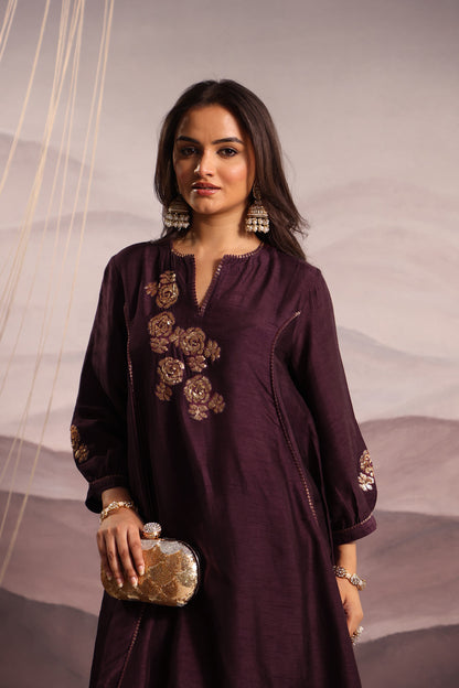 Wine Flared High Low Silk Kurta Set