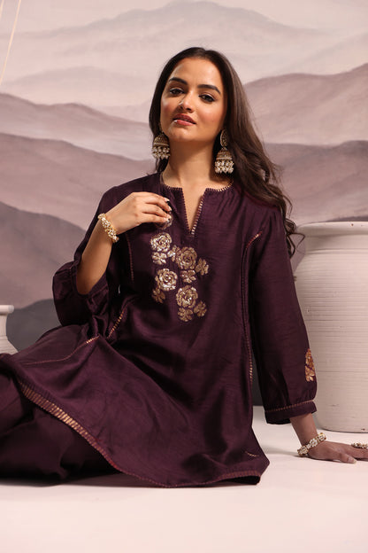 Wine Flared High Low Silk Kurta Set