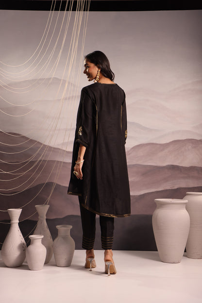 Black Flared High Low Silk Kurta Set