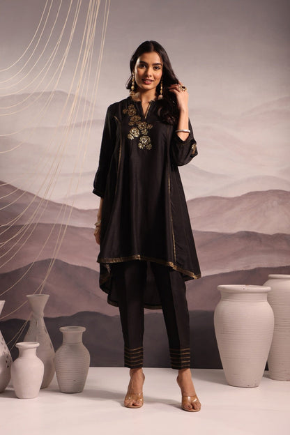 Black Flared High Low Silk Kurta Set