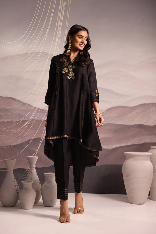 Black Flared High Low Silk Kurta Set