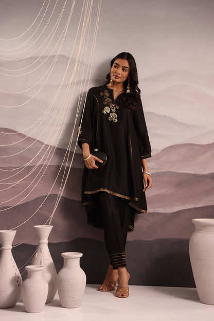 Black Flared High Low Silk Kurta Set