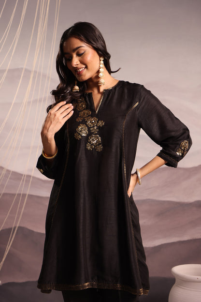 Black Flared High Low Silk Kurta Set