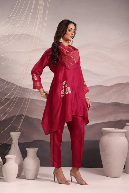 Deep Magenta Anti-Fit Asymmetric Silk Tunic with Flower Motif Sequin Embroidery & Cowl Collar