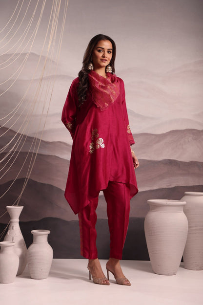 Deep Magenta Anti-Fit Asymmetric Silk Tunic with Flower Motif Sequin Embroidery & Cowl Collar