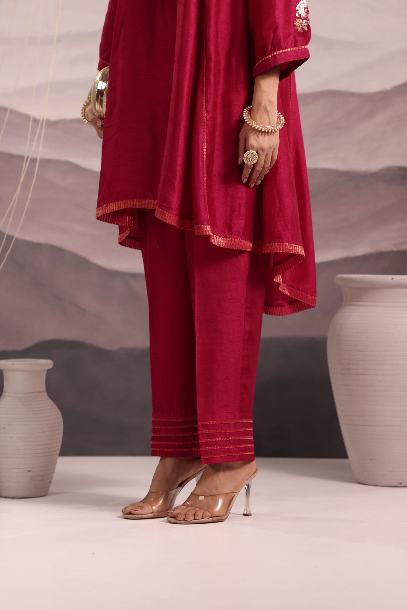 Deep Magenta Flared High Low Silk Kurta Set