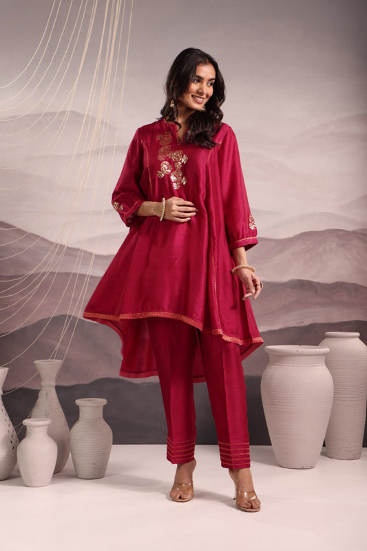 Deep Magenta Flared High Low Silk Kurta Set