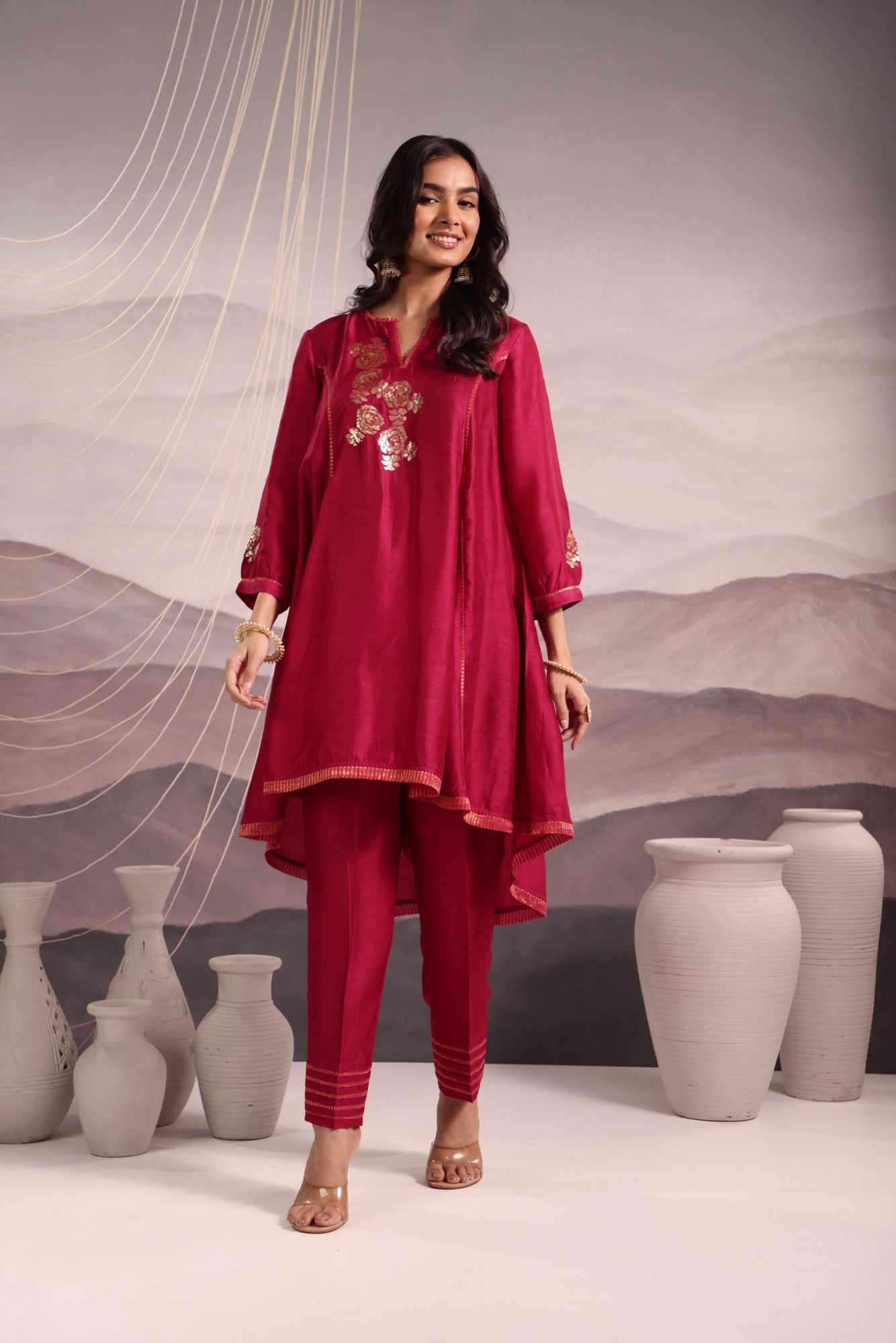 Deep Magenta Flared High Low Silk Kurta Set