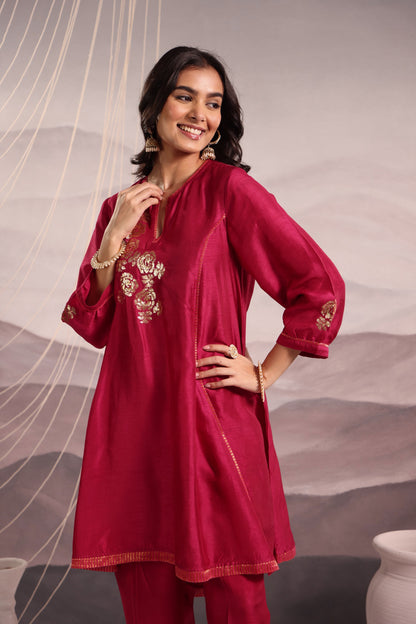 Deep Magenta Flared High Low Silk Kurta Set