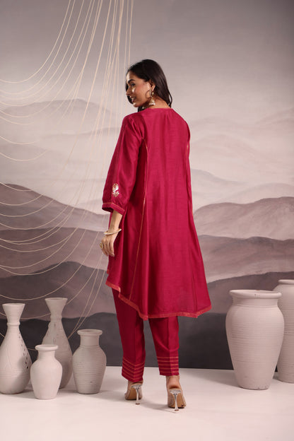 Deep Magenta Flared High Low Silk Kurta Set