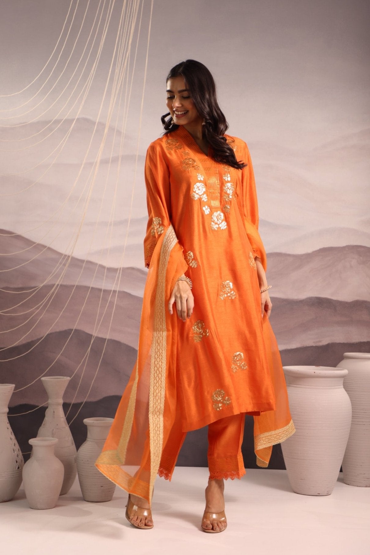 Orange Silk Kurta Set with Sequin Embroidery