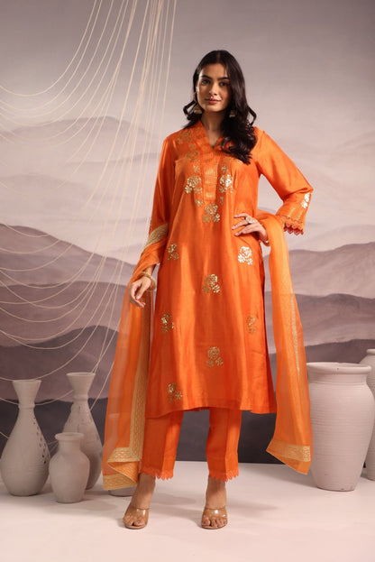 Orange Silk Kurta Set with Sequin Embroidery