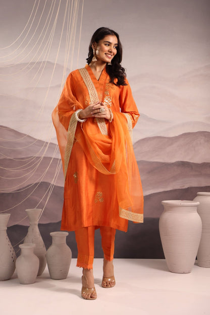 Orange Silk Kurta Set with Sequin Embroidery