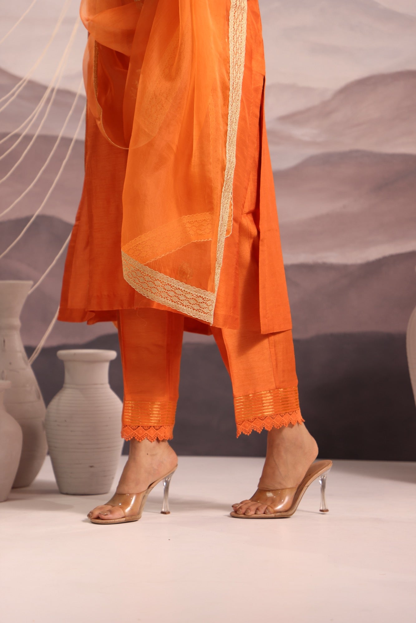 Orange Silk Kurta Set with Sequin Embroidery