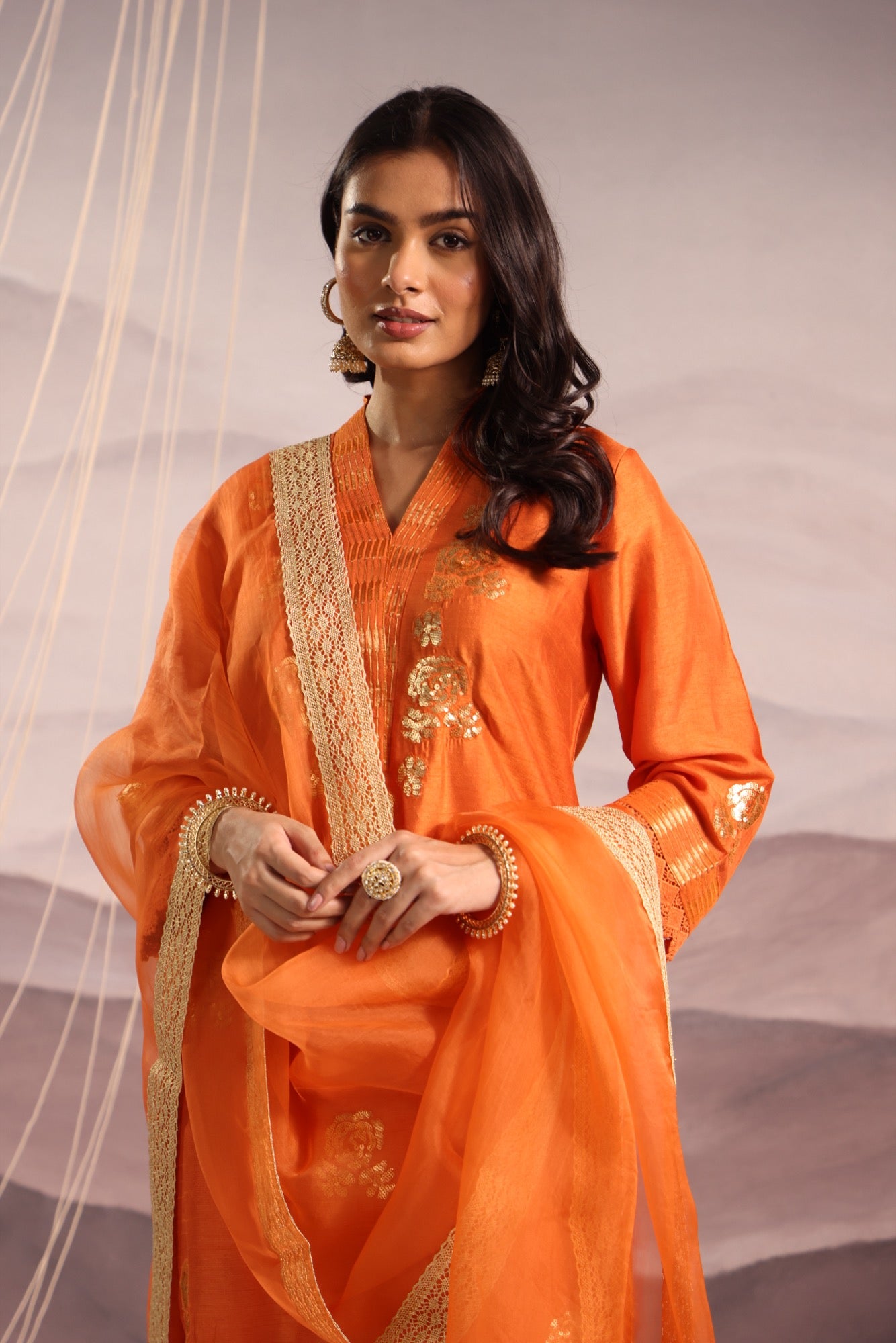 Orange Silk Kurta Set with Sequin Embroidery