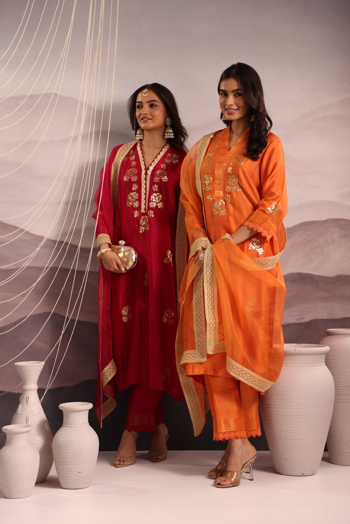 Orange Silk Kurta Set with Sequin Embroidery