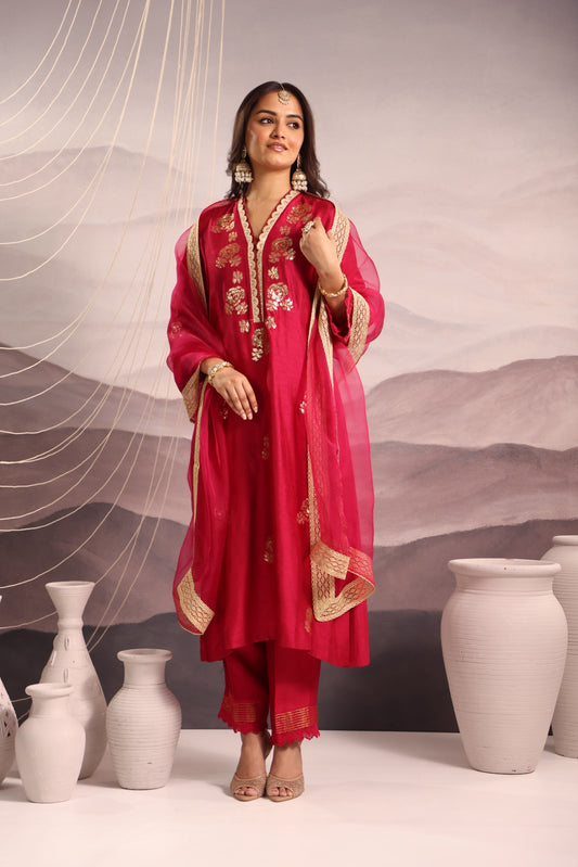 Deep Magenta Silk Kurta Set with Sequin Embroidery